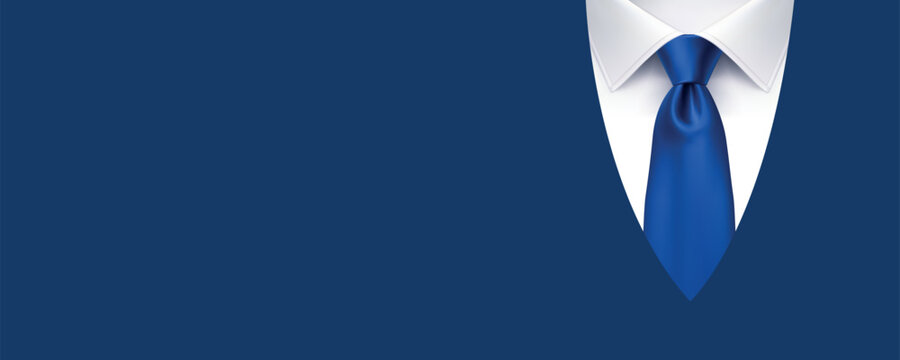 Minimal Fathers Day background with realistic blue necktie and white shirt collar on dark blue backdrop for greeting design