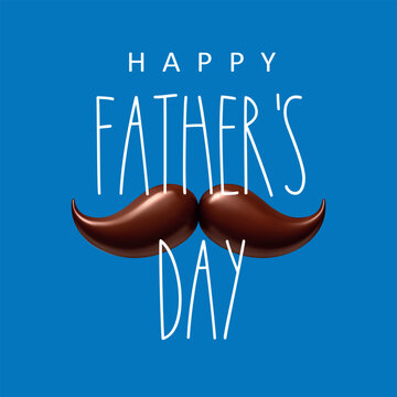 Happy Fathers Day greeting card with brown mustache and handwritten typography on blue background illustration