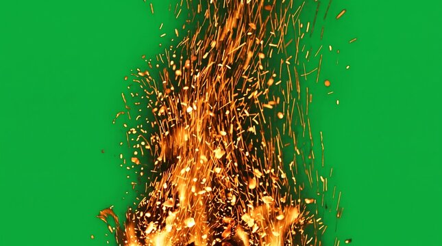 Explosion burst on green screen, fire and sparks, chroma key effect, hot flames embers, movie special effect