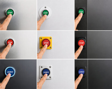 Finger pressing illuminated start stop and launch buttons on clean wall panels showing control interface actions activation choices safety commands and modern technology interaction concepts