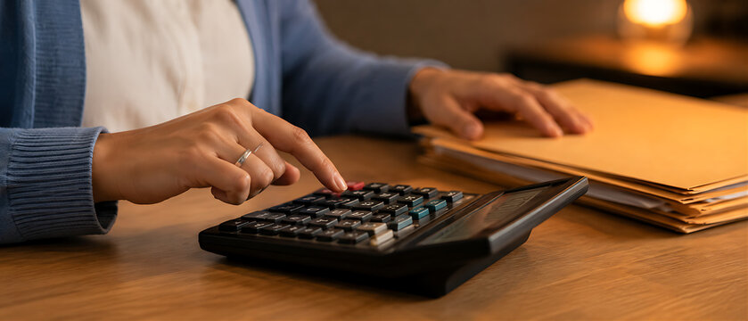 Close-up of accountant hands pressing calculator key with manila folders nearby &mdash; silver ring, warm lamp light, precise financial work

