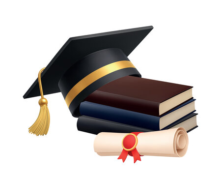 Graduation cap over books and diploma scroll with red ribbon realistic 3D academic achievement illustration
