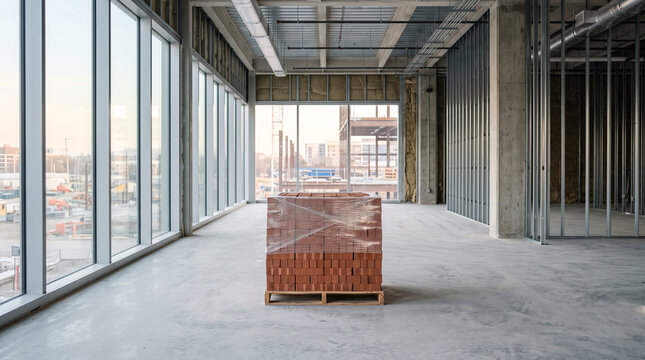 Stack of bricks on pallet inside unfinished construction building with large windows