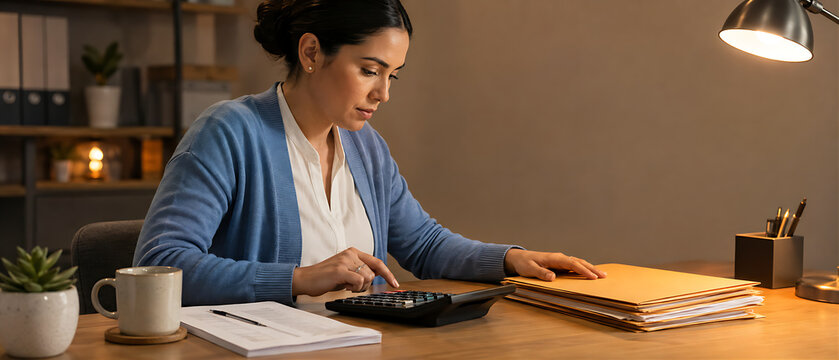Female accountant using classic calculator at organized desk with manila folders &mdash; dusty blue cardigan, silver ring, warm lamp light