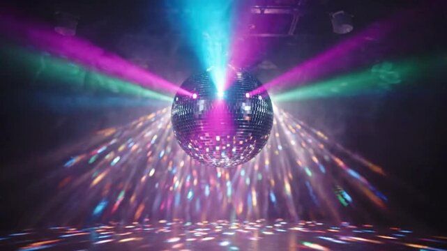 Disco ball spins and lights reflect at a party venue in a fun atmosphere for celebration and enjoyment