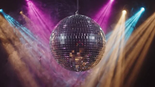 Disco ball spins while lights move around for a lively party setting