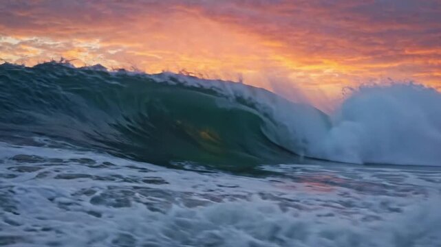 Ocean wave breaks at sunset in slow motion near the shore with bright colors in the sky