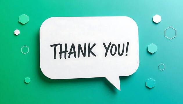 White speech bubble with simple black thank you text on teal background.