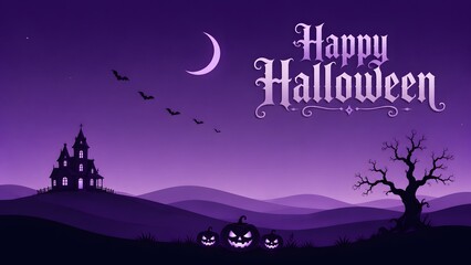 Obraz premium Happy halloween greeting card design with a spooky haunted house silhouette and carved pumpkins on purple background