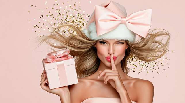 Stylish fashionable young woman in Santa hat with gift box, finger near lips, festive mood Christmas