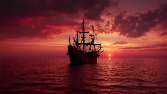 Europe medieval lifestyle. A vivid portrayal of a ship sailing in the ocean at sunset. The ship, with its masts and rigging, is silhouetted against the fiery orange and red hues of the setting sun.