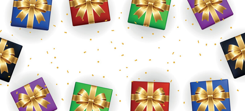 Luxury colorful gift boxes with golden bows. Festive celebration border vector illustration