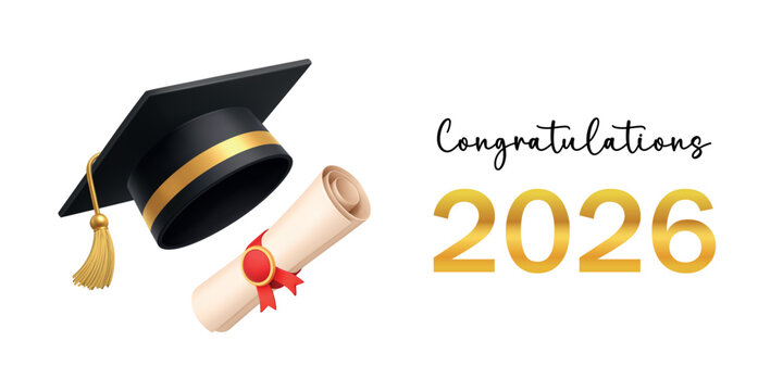 Congratulations 2026 graduation banner with diploma and graduation cap on white background. Academic vector illustration