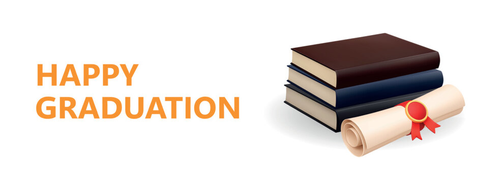 Happy Graduation banner with books and diploma on white background. Modern education celebration vector illustration for Class of 2026