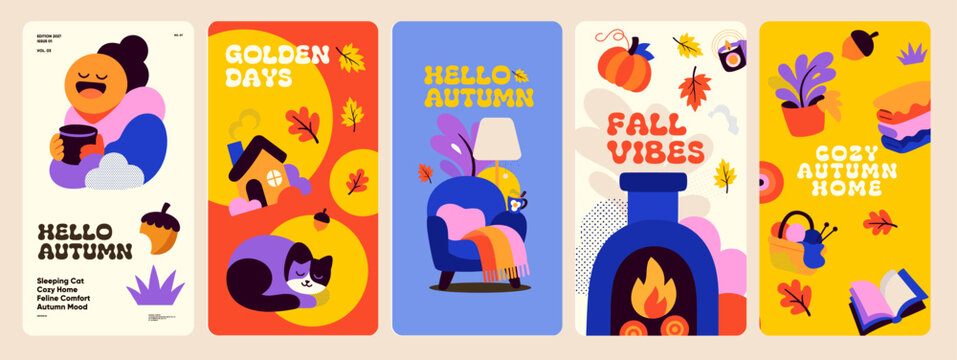 Autumn themed poster design collection shows cozy home scenes with a woman, cat, armchair, fireplace, books, plants, pumpkins, falling leaves and warm seasonal lettering.