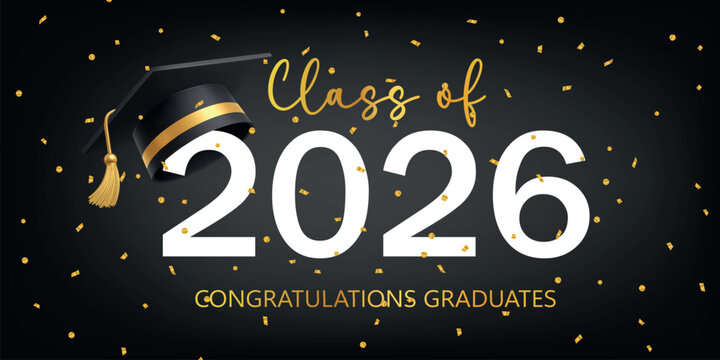 Class of 2026 graduation celebration banner with black mortarboard, gold confetti and elegant typography