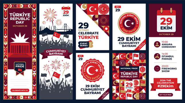 Turkey Republic Day social media banners, 29 Ekim Cumhuriyet Bayrami celebration posters, Turkish national holiday vector set