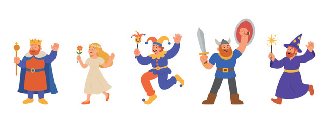 Set of five funny medieval cartoon characters standing in a row. Vector fairytale illustration of king, girl, jester, warrior and wizard