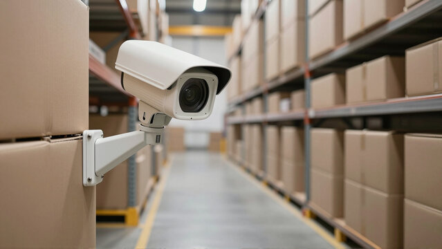 Industrial surveillance camera monitoring boxed inventory in a modern warehouse storage aisle