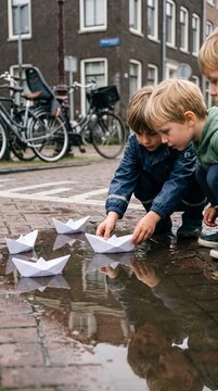 Children Floating Paper Boats in a Narrow Street Waterway