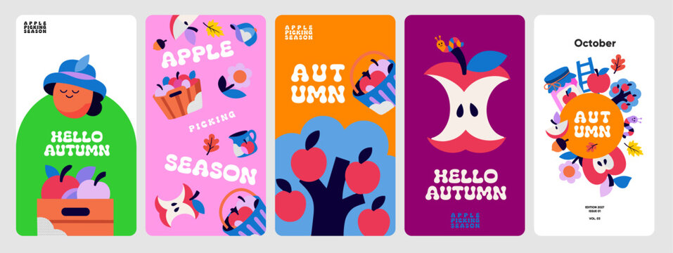 Autumn design collection with apple harvest illustrations, baskets, leaves and playful lettering. Colorful vertical posters celebrate seasonal picking and fall produce.