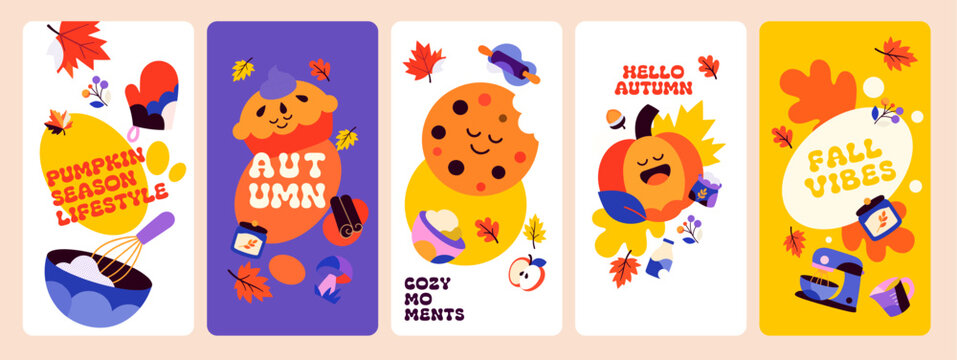 Autumn design collection featuring cheerful pumpkin characters, falling leaves, apples, baking tools, coffee and seasonal lettering in bold flat cartoon style.