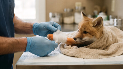 Naklejka premium Veterinarian bandaging injured fox paw in sterile clinic setting