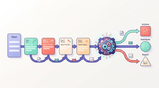 Flat vector illustration of an automated business workflow pipeline with connected task cards and a central processing hub, AI automation concept banner