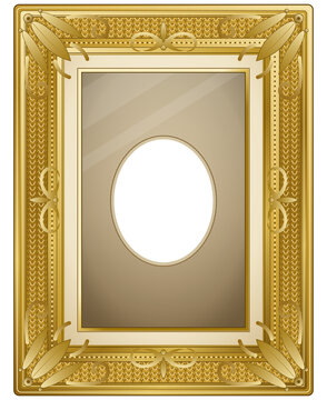 Ornate vintage gold picture frame illustration featuring decorative baroque filigree borders, floral relief details, and an oval photo cutout for your design isolated on a transparent background.