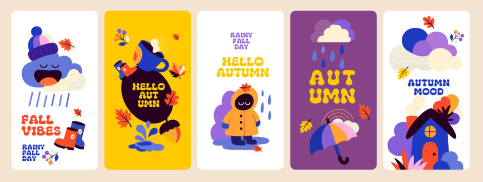 Autumn design collection featuring clouds, raindrops, boots, umbrella, hooded child, falling leaves and a small house with cheerful seasonal lettering.