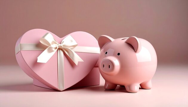 Pink Piggy Bank Beside Heart Shaped Gift Box