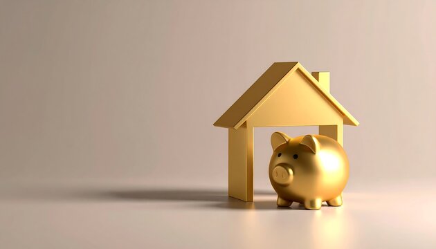 Golden Piggy Bank Under House Symbolizing Financial Savings