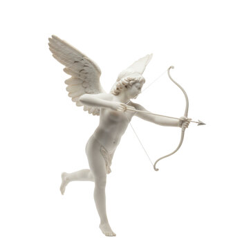 Exquisite marble sculpture of a winged cupid aiming a bow and arrow captured in a clean studio setting with soft lighting romantic classical art atmosphere