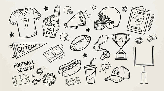A detailed collection of american football related items in a sketch style illustration