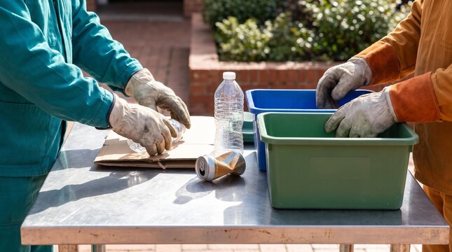 Cleanup workers sort recyclable litter at outdoor station
