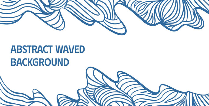 Abstract decorative background featuring flowing wavy organic shapes and intricate linear patterns in blue and white. Modern minimalist composition suitable for branding, posters, presentations.