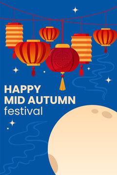 Festive Mid-Autumn Festival illustration featuring colorful traditional Chinese lanterns hanging against a deep blue night sky with stars, decorative clouds and a large full moon. 