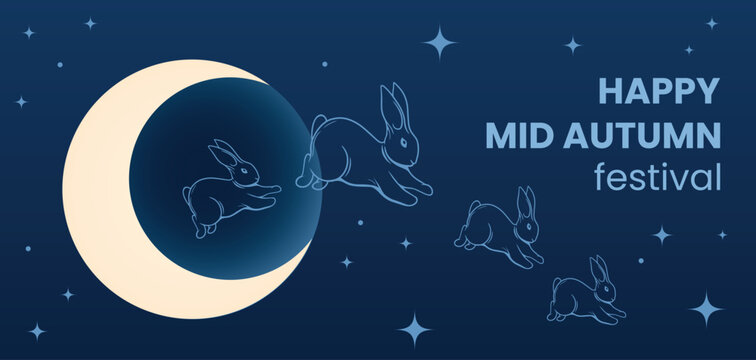 Mid-Autumn Festival illustration with flying rabbits, full moon and stars on dark blue night sky. Traditional Moon. 