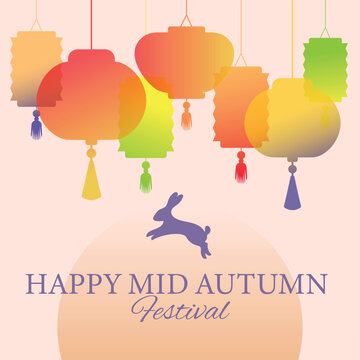 Colorful Chinese lanterns for Mid-Autumn Festival with rabbit silhouette and moon on pastel background. Ideal for Moon Festival greeting cards, posters, banners and seasonal Asian holiday