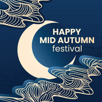 Elegant Mid-Autumn Festival design with crescent moon and flowing botanical line art on dark blue background. Sophisticated seasonal design for Moon Festival greetings. 
