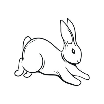 Cute jumping rabbit line art illustration in minimalist black outline style. Minimalist black line illustration of a cute jumping rabbit isolated on a white background. 