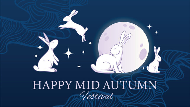 Mid-Autumn Festival illustration showing white rabbits gathered around a glowing full moon with stars and subtle botanical patterns against a dark blue night background. 