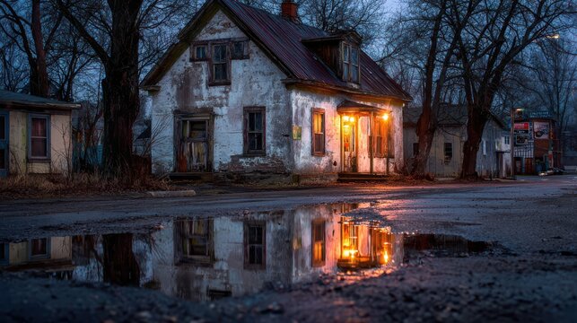 Dilapidated house with warm light in window reflecting in a puddle during dusk