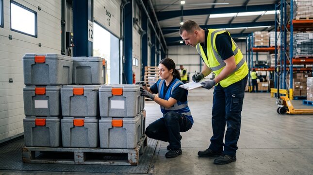 Workers inspect returned cold chain containers at receiving dock