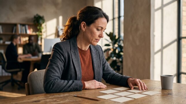 Focused Consultant Reviewing Project Cards in Sunlit Office
