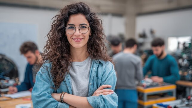 Confident woman with glasses and curly hair in a workshop with colleagues during daylight