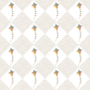 Watercolor seamless pattern of flying kites with bow tails on brown geometric hatching background. Vintage cottagecore nursery wallpaper fabric design.