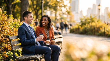 Fototapeta premium Diverse business colleagues drinking coffee on a park bench. Caucasian man and Black woman talking and smiling during outdoor break. Corporate professionals relaxing in city park at golden hour
