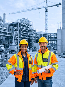 Vertical portrait of diverse construction workers smiling at a building site. Happy male and female engineers in safety uniform holding blueprints. Teamwork concept