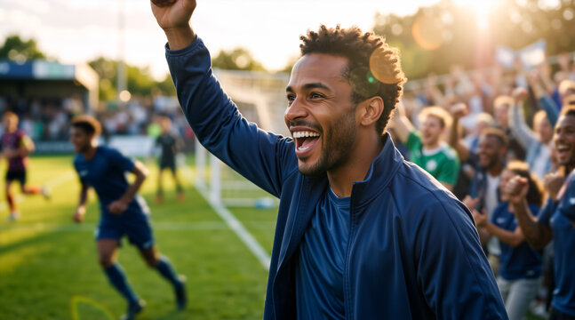 Excited Black man cheering at a soccer game. Happy male fan celebrating victory in the stadium during sunset. Sports supporter concept